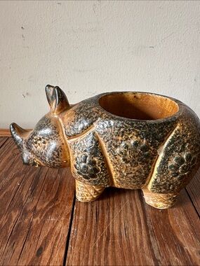 Handcrafted Ceramic Rhino Planter in Brown and Black Glaze